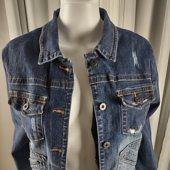 Baby Phat Womens Dark Blue Wash Distressed Customized Cotton Denim Jacket Size L - Picture 2 of 11